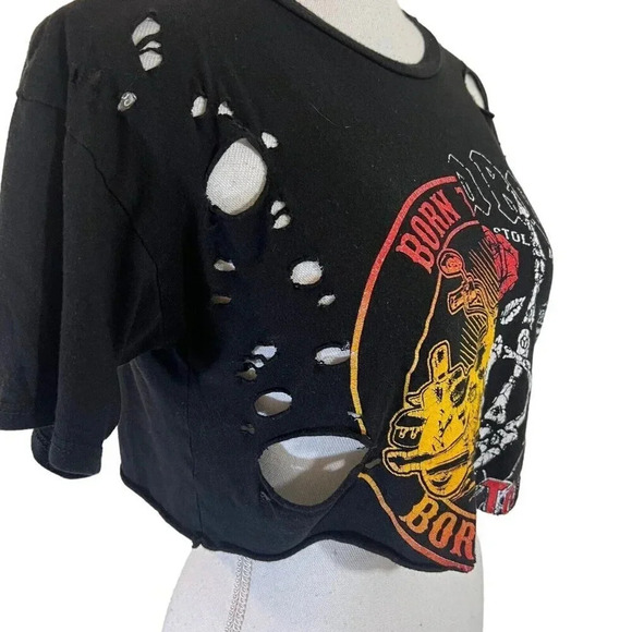 Windsor Crop Top Rock And Roll Distressed Holes Motorcycle Graphic Edgy Black - Picture 7 of 8